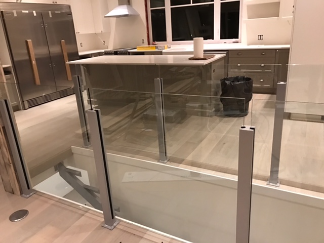 modern interior railing, topless glass railing, silver